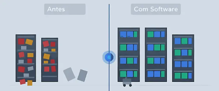 Comparação gestão stocks antes e depois software - armazém desorganizado vs organizado com sistema digital