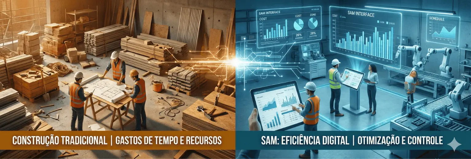 Banner comparativo ilustrando a transformação digital na construção civil: do estaleiro tradicional com processos manuais e plantas em papel (esquerda) à gestão digitalizada com dashboards de dados, tablets e automação (direita), representando a solução implementada na SAM.