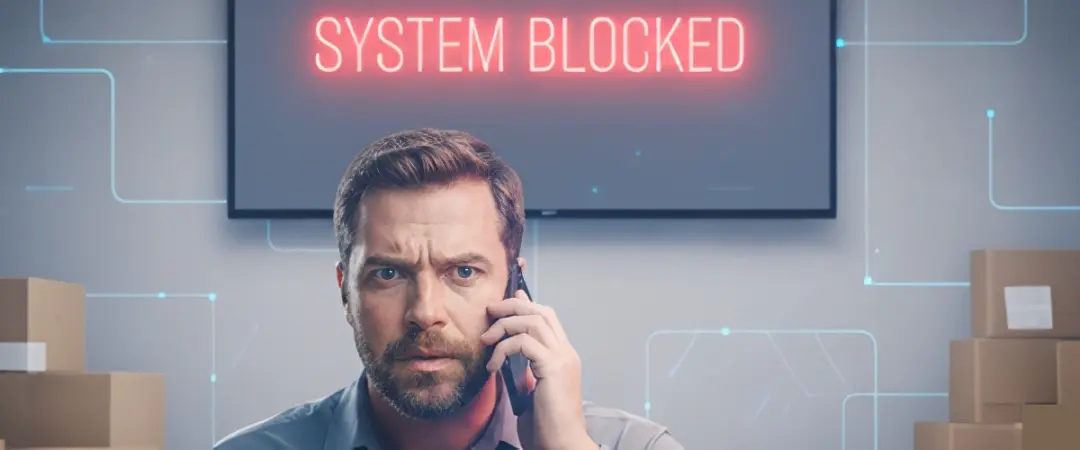 Gestor preocupado ao telefone num armazém com monitor exibindo erro System Blocked. Representação de falha crítica no sistema Odoo e necessidade de suporte especializado.